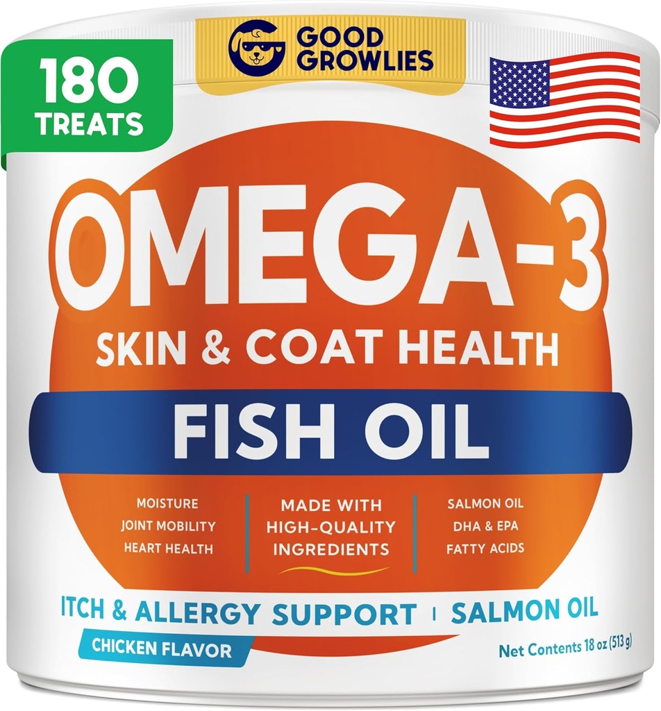 Omega 3 Fish Oil for Dogs (180 Ct) - Skin ' Coat Chews - Dry ' Itchy Skin Relief + Allergy Support - Shiny Coats - EPADHA Fatty Acids - Natural Salmon Oil Chews Promotes Heart, Hip ' Joint Support