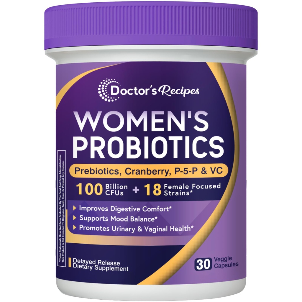 Doctor's Recipes Probiotics for Women, 100 Billion CFU, 18 Probiotic Strains, Prebiotics, Cranberry, P-5-P & VC, Vaginal, Digestive & Immune Support, Shelf-Stable, 30 Vegan Caps