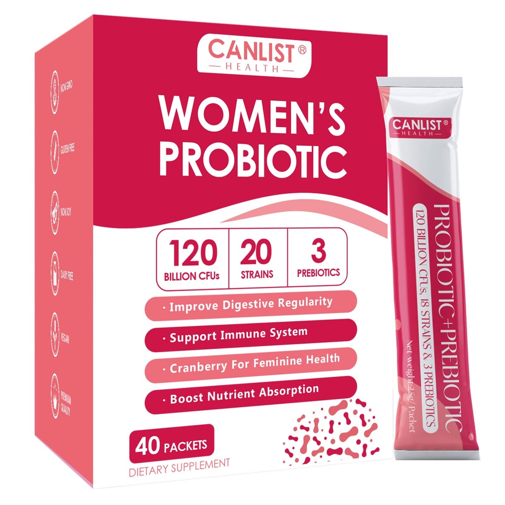 CANLIST Women's Probiotic Powder - 120 Billion CFUs, 20 Strains, Cranberry Extract & 3 Prebiotics, Help for Immune Booster, Digestive Health, Vaginal & Urinary Health, 40 Packets