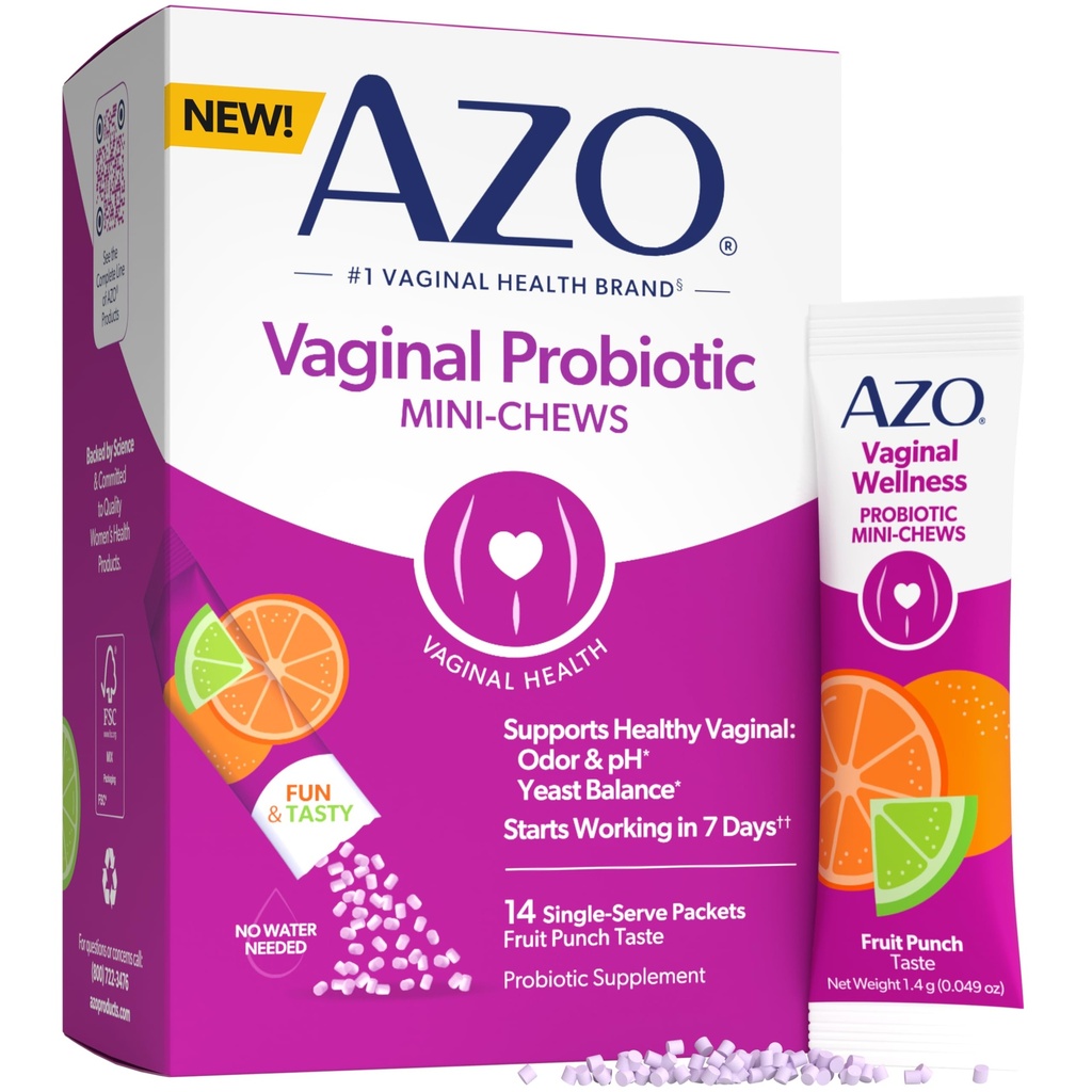 AZO Vaginal Probiotic Mini-Chews for Women, Supports Healthy Vaginal Odor, Healthy Vaginal Flora, Yeast Balance and pH*, Delicious Fruit Punch Taste, 14 Count