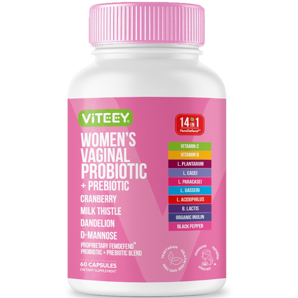 Viteey Vaginal Probiotic for Women – Women’s Probiotic + Prebiotic with Cranberry & D Mannose – Vaginal Health & Urinary Tract Support Supplement – 60 Capsules