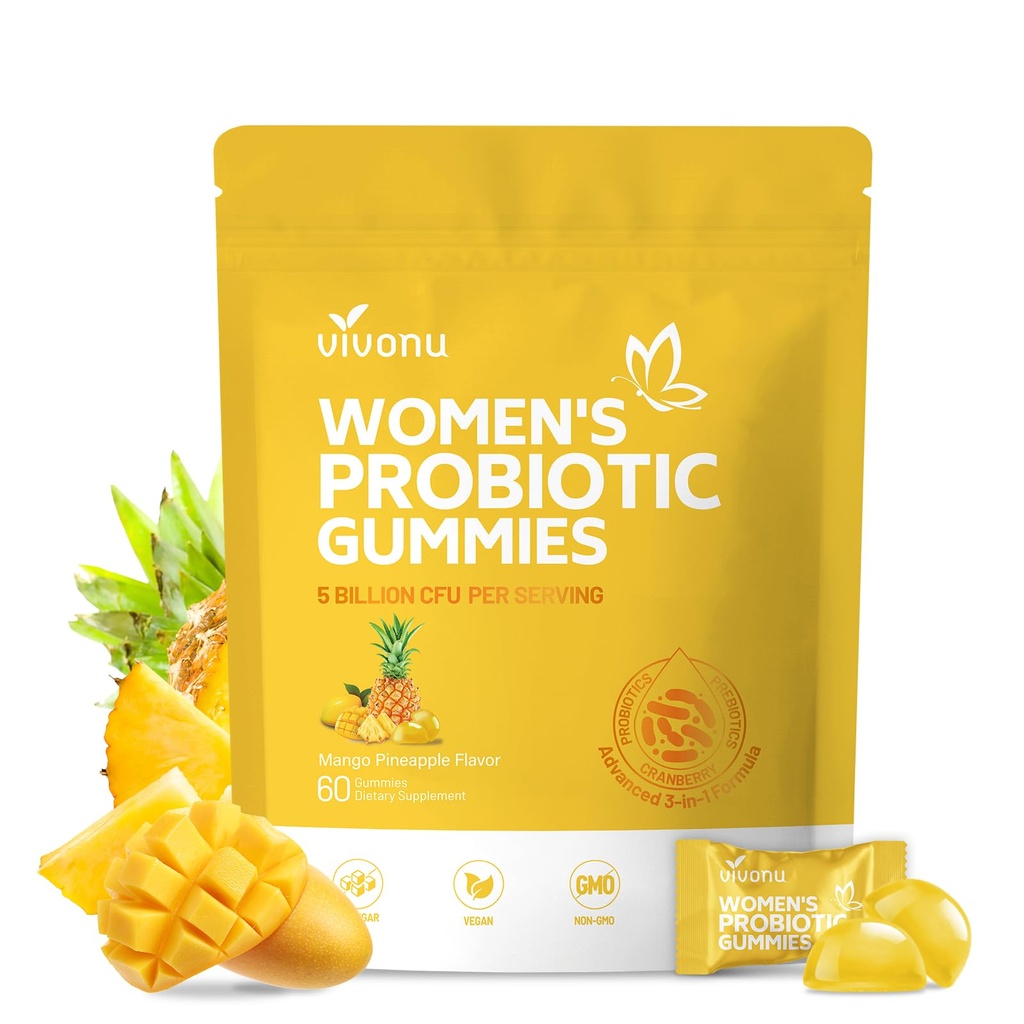 VivoNu Pineapple Gummies for Women Ph, Women Probiotic Gummies, Feminine Balance Gummy, Mango Pineapple Viginal Probiotics for Woman Vaginigal Health, Yeast Ph Balance