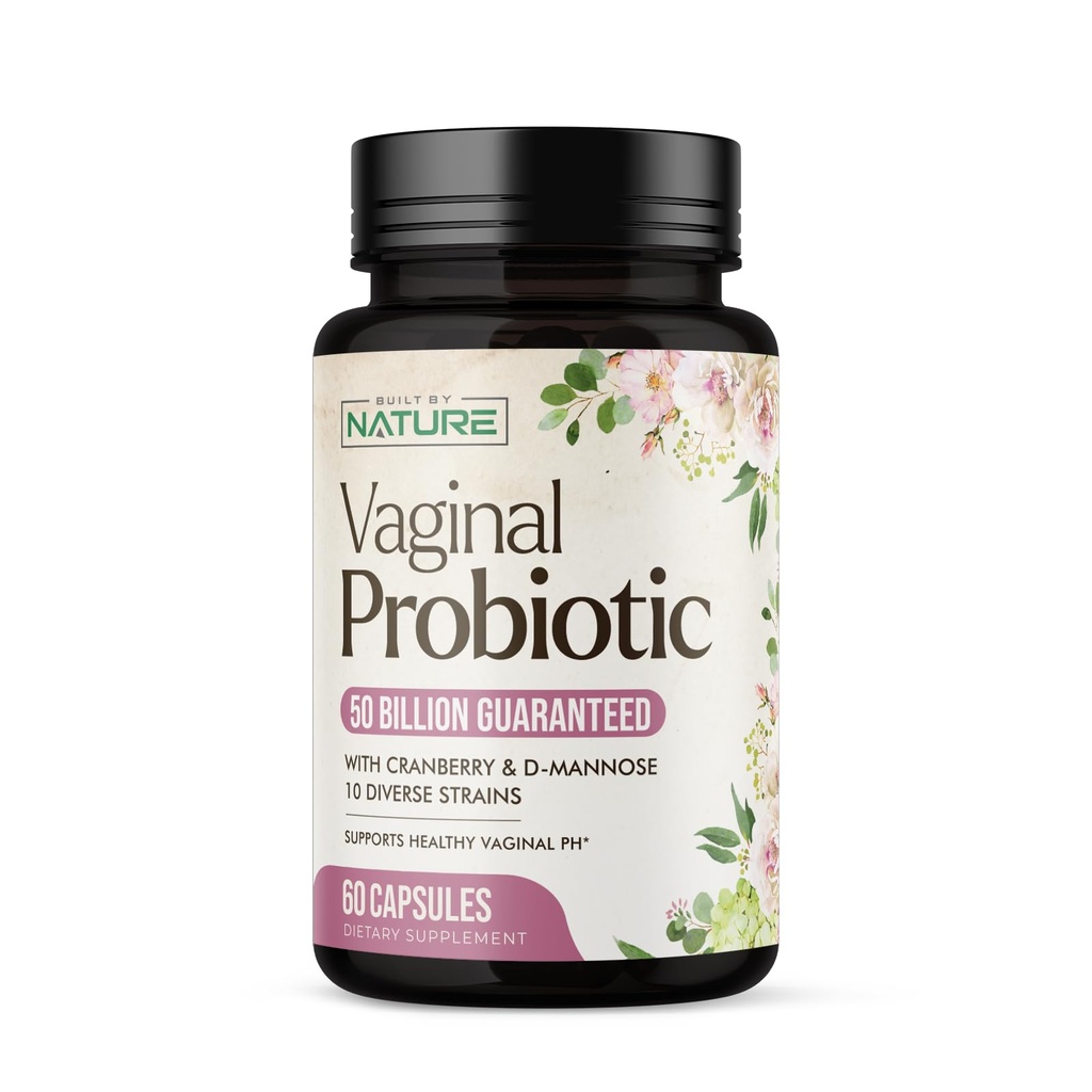 Built by Nature Vaginal Probiotics for Women – pH Balance & Feminine Health with Prebiotics, Lactobacillus & Cranberry Extract – 50 Billion CFU – Support UT, Vaginal Odor & Flora – 60 Capsules