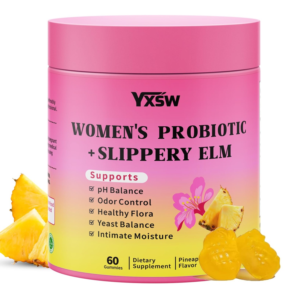 Women's Probiotics Slippery Elm Gummies, Her Juicy Feminine Probiotics Gummies Support pH Balance, Gut Health & Immune System, Sugar-Free, Pineapple Flavor, 60 Count