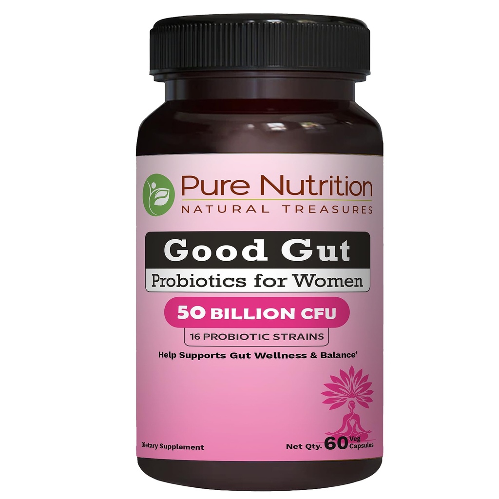 Pure Nutrition Good Gut Women's Probiotics 50 Billion CFU, 16 Strains | 60 Caps | Probiotics for Women with Organic Prebiotic Blend | Once Daily | Non GMO | Gluten Free