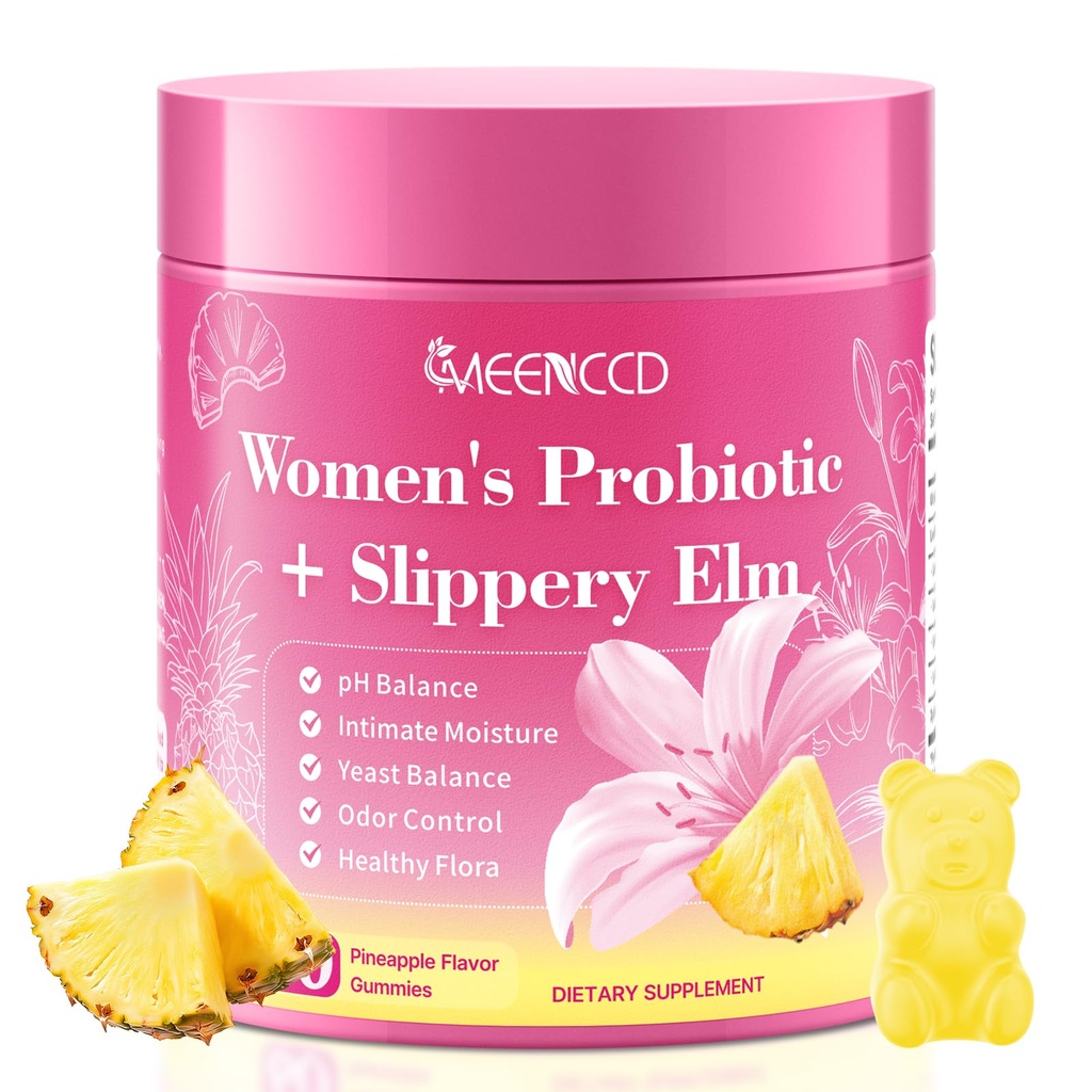 MEENCCD Her Juicy Feminine Probiotics Gummies with Slippery Elm & Lactobacillus Blend, Supports pH Balance & Immune Function, Promotes Vaginal Wellness, Pineapple Flavor, 60 Count