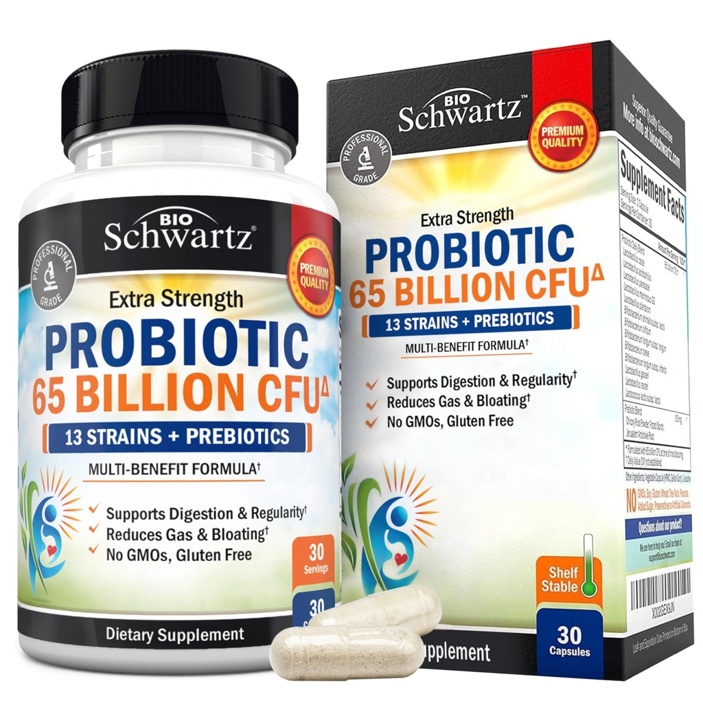 Probiotic 65 Billion - Probiotics with Prebiotic for Women & Men - Lactobacillus Acidophilus Digestive Health Capsules - Targeted Release Technology - Shelf Stable Supplement Non-GMO Dairy Free-30ct