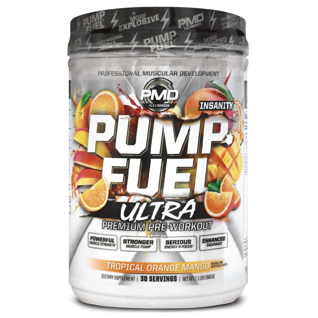 PMD Sports Pump Fuel Ultra Insanity, Ultimate Pre Workout & Muscle Pump, Maximum Strength Energy, Focus, Endurance & Recovery, Creatine & Beta Alanine, Tropical Orange Mango, 30 Servings