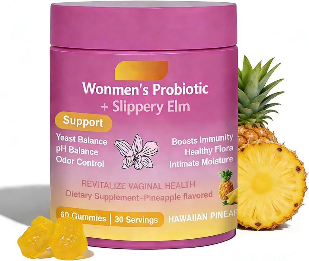 Juicy Feminine Probiotic Gummies for Women - Pineapple Flavor, Supports pH Balance & Gut Health, with Slippery Elm, Vegan, Digestive & Immune Support, 60 Count