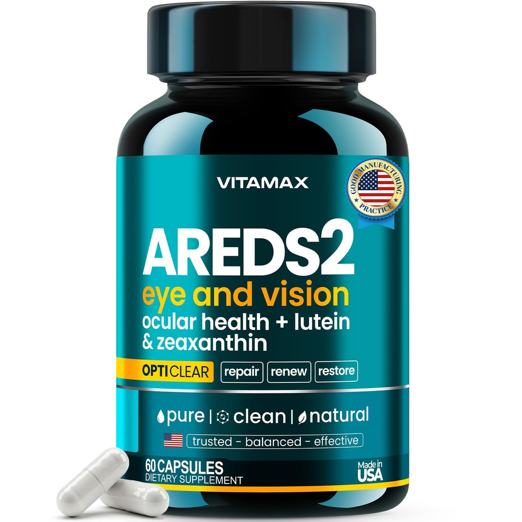 AREDS 2 Eye Vitamins - Lutein, Zeaxanthin, Bilberry, Astaxanthin Mineral Vision Supplement - Supports Eye Strain, Dry Eyes, Pressure, and Vision Health - Made in USA - 60ct