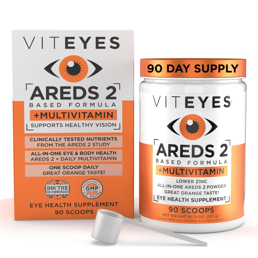 Viteyes AREDS 2 Powder + Multivitamin All-in-One, Macular Protection, Alternative to AREDS 2 chewables, No Pills, Lutein & Zeaxanthin, AREDS 2 Eye Vitamins Drink, Natural Orange Flavor, 90 Scoops