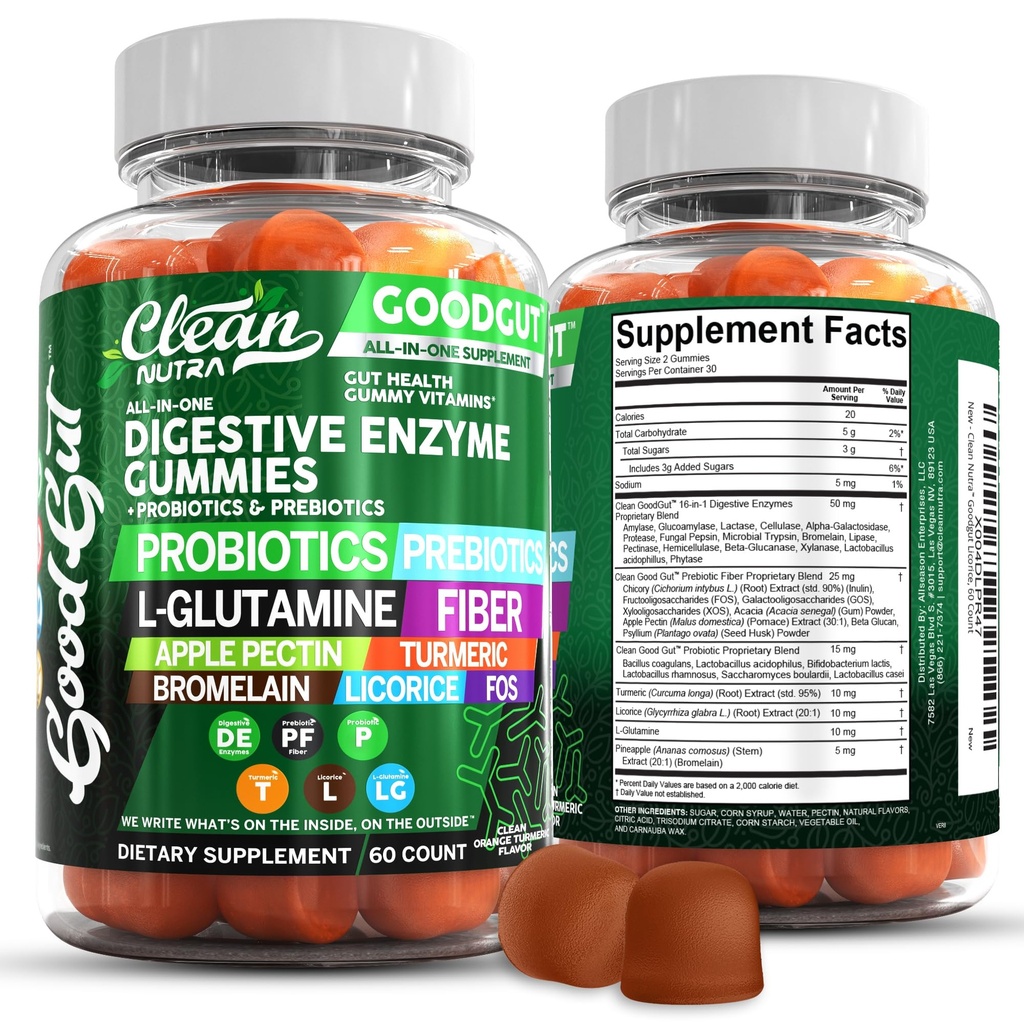 Clean Nutraceuticals Digestive Enzymes with Probiotics & Prebiotics for Digestive Health Gummies & L-Glutamine for Gut Health Bromelain Apple Pectin Inulin FOS Plant Based Vegan Gummy Vitamins
