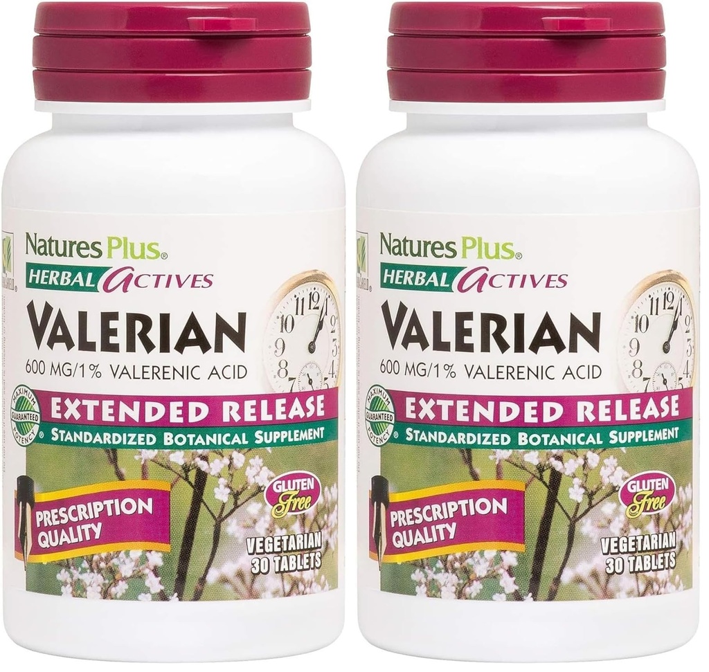 NaturesPlus Herbal Actives Valerian Extended Release Tablets - 600 mg, 30 Vegan Tablets - Vegetarian, Gluten-Free - 30 Servings (Pack of 2)