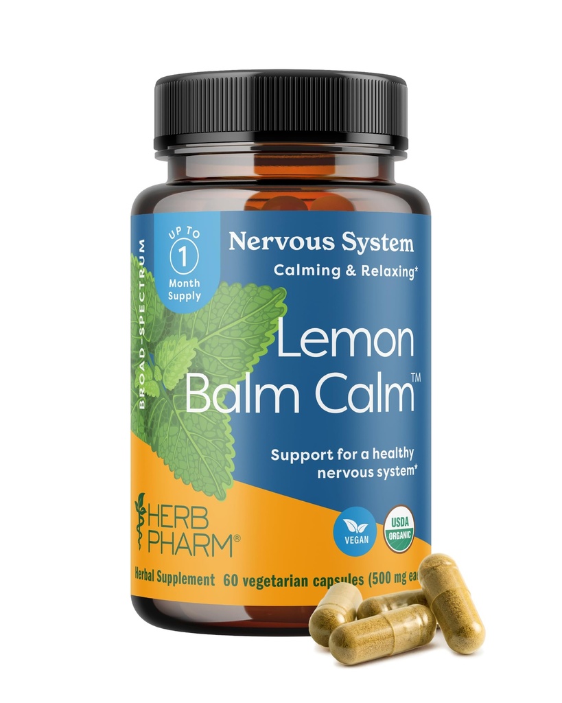 Herb Pharm Lemon Balm Calm Capsules: Calming Nervous System Support, Certified Organic Capsules with Lemon Balm Leaf Extract, Melatonin Free Relaxing Supplement, Vegan, 30 Day Supply, 60 Capsules*