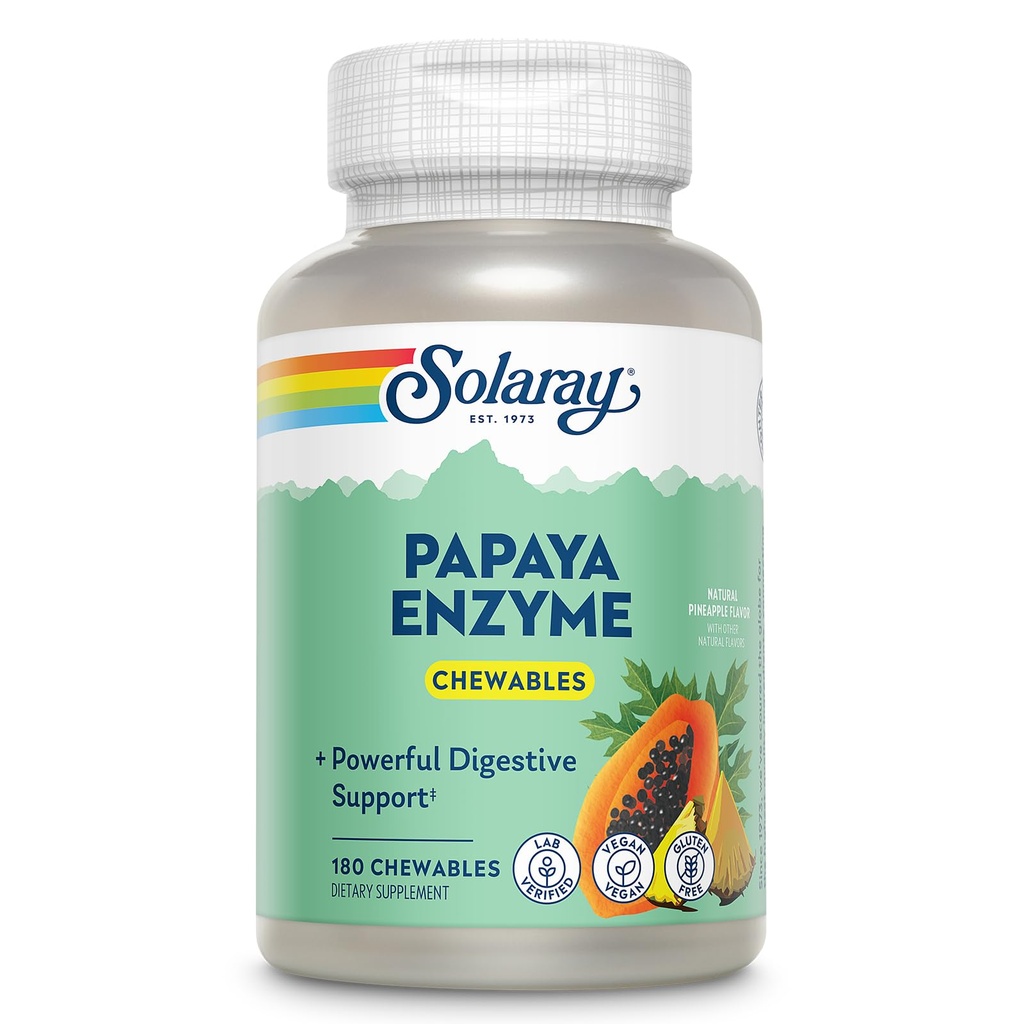 SOLARAY Papaya Enzymes Chewable Tablets - Digestive Enzymes for Powerful Digestive Support - with Papain and Bromelain - Natural Pineapple Flavor - Vegan, Gluten Free, 60-Day Guarantee, 180 Servings