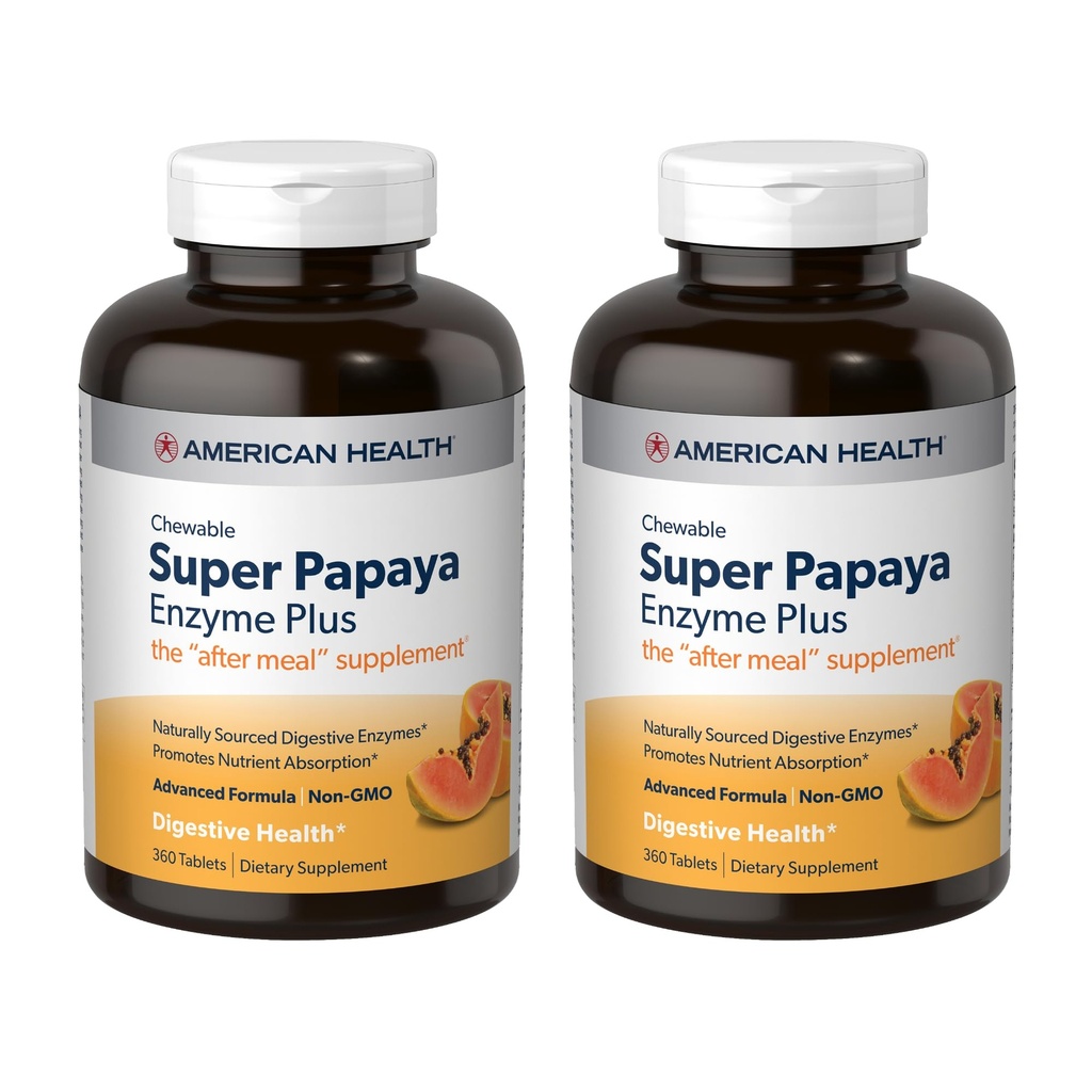 American Health Super Papaya Enzyme Plus - 360 Chewable Tablets, Pack of 2 - The After-Meal Supplement - Non-GMO - 240 Total Servings