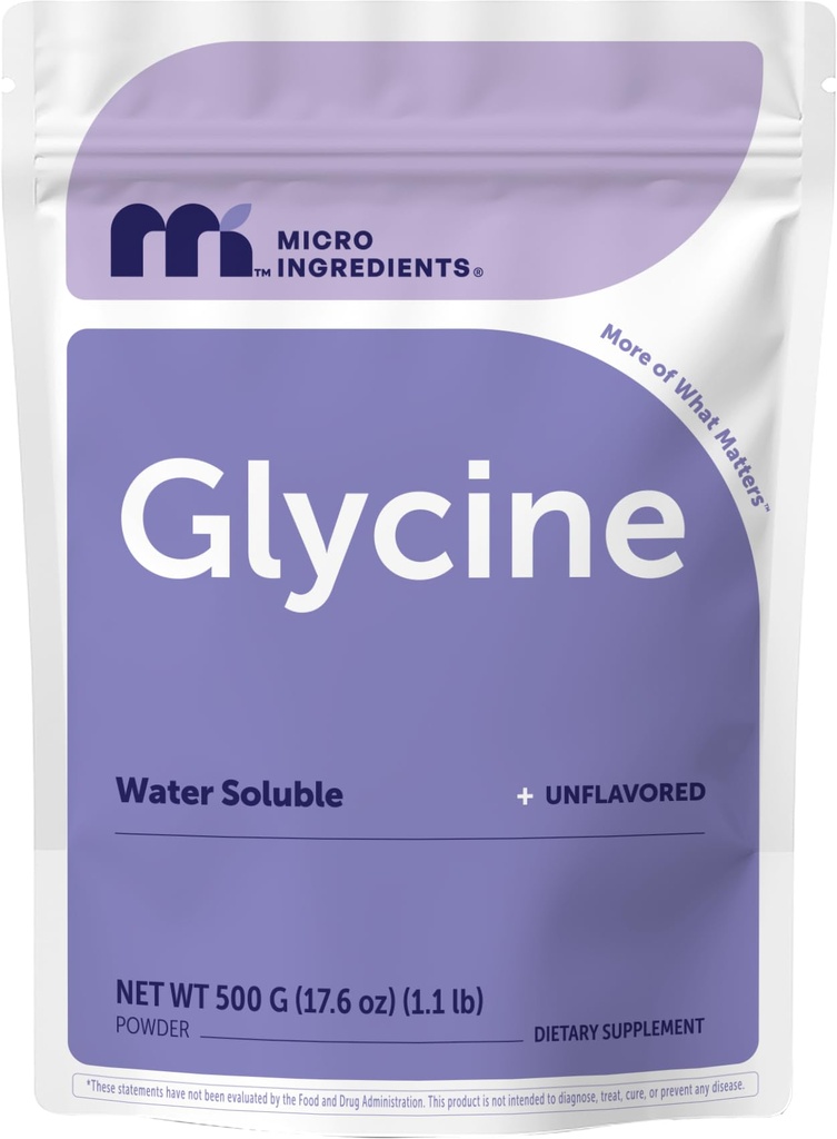 Micro Ingredients Glycine Powder, 500 g (1.1 Pounds), Glycine 1000mg Per Serving, Water Soluble