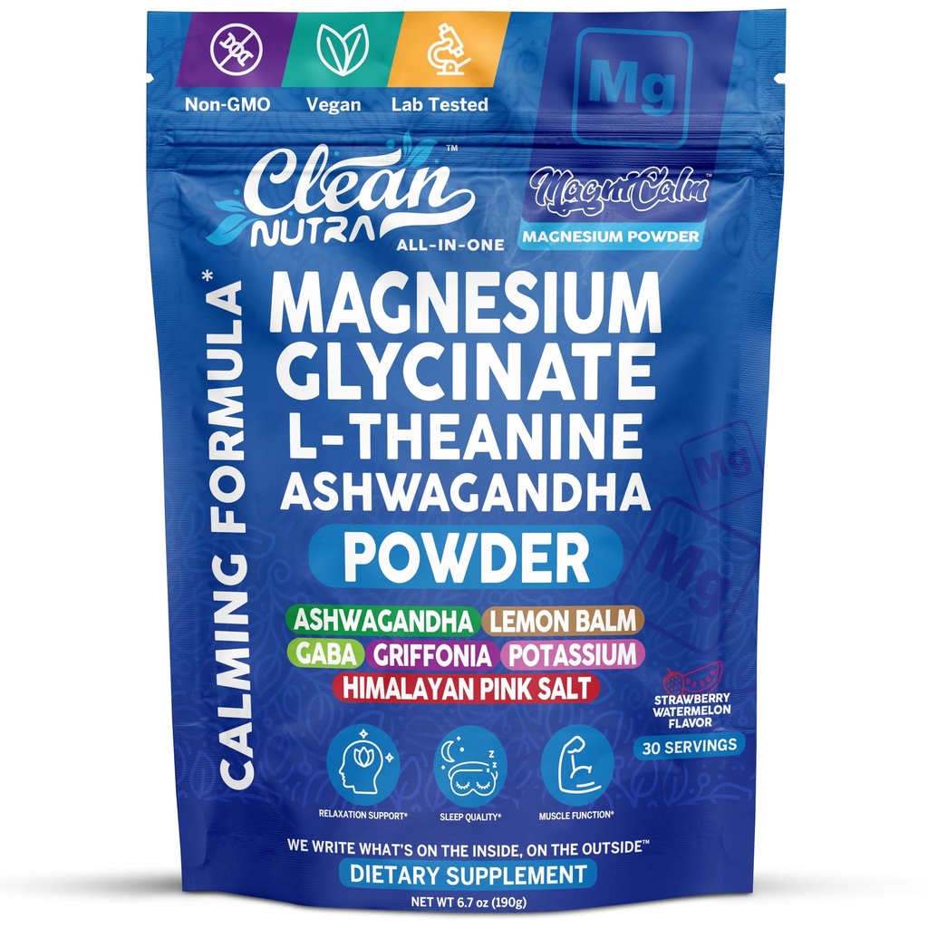 Magnesium Glycinate Powder Supplement + L Theanine Ashwagandha Glycine Apigenin Lemon Balm GABA 5HTP Pink Salt Potassium L Tryptophan Calcium | Powdered Sleep Aid Calm Trace Minerals Vitamin