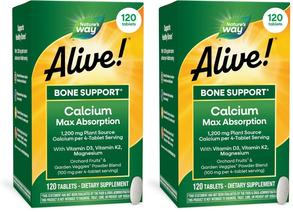 Nature's Way Alive! Calcium Max Absorption 1200 mg Calcium per 4 Tablets with Vitamin D3, Bone Support*, Vitamin D3 & K2, Magnesium, 120 Tablets (Packaging May Vary), (Pack of 2)