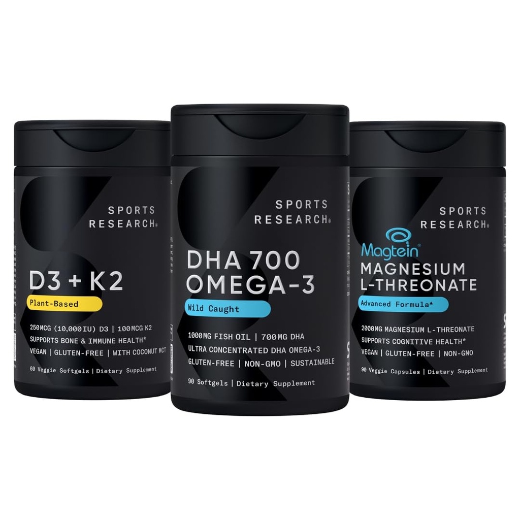 Sports Research® Multivitamins Pack - DHA Omega-3 Fish Oil 700 mg + Vitamin D3 + K2 5000iu + Magnesium L-Threonate Capsules 2000mg