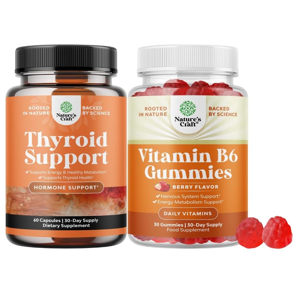Bundle of Herbal Thyroid Support Complex - Potent Kelp Iodine with L Tyrosine Bladderwrack Selenium Ashwagandha and Potent Vitamin B6 Gummies for Adults - Vegan Pyridoxine Chews for Energy Metabolism