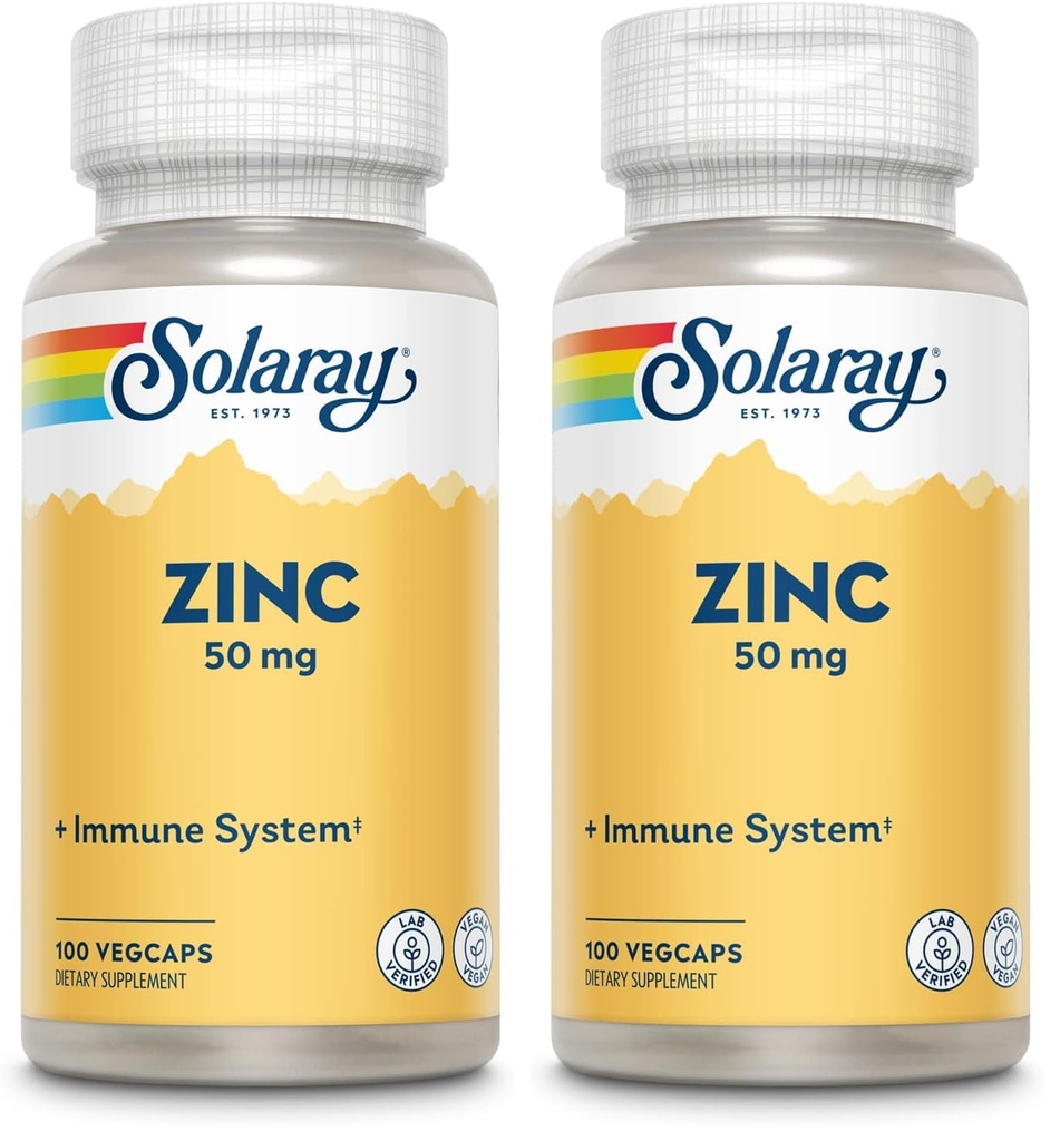 Solaray Zinc 50mg Immune Support Capsules, 100 Count, Vegan, Pumpkin Seed (Pack of 2)