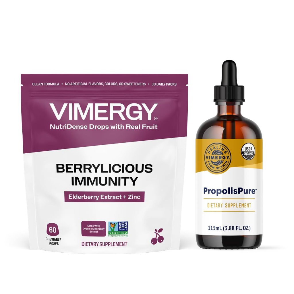 VIMERGY NutriDense Elderberry + Zinc Berrylicious Immunity* Chewables (60 Count) & Vimergy PropolisPure® (115 mL)