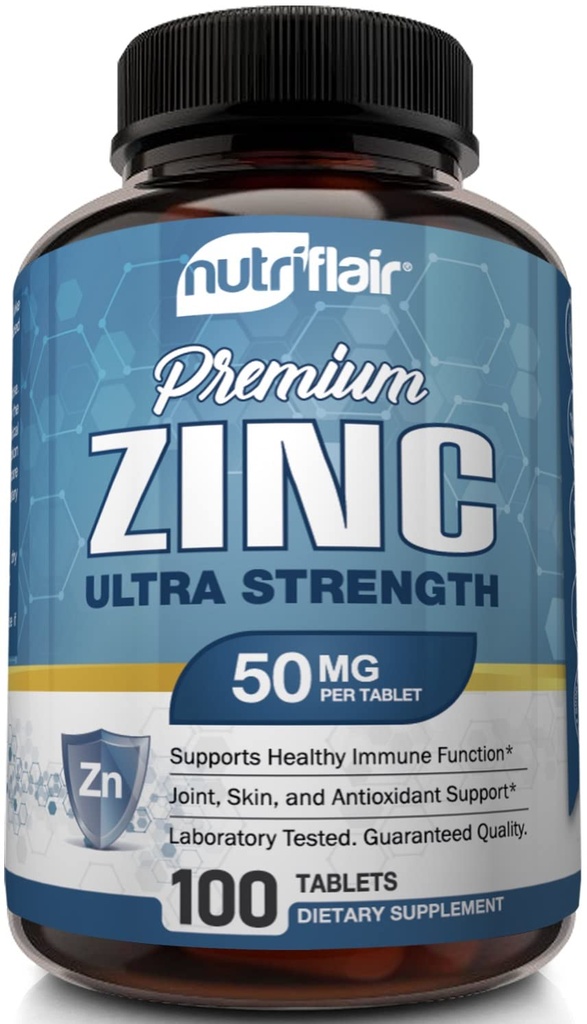 NutriFlair Zinc Gluconate 50mg, 100 Tablets - High Potency Immune System Booster Supplement Pills, Immunity Defense, Powerful Natural Antioxidant, Non-GMO, Compare with zinc picolinate, citrate, oxide