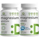Magnesium Glycinate 500mg Veggie Capsules & Magnesium Citrate 500mg Bundle – Easily Absorbed Chelated Mineral – Highly Purified Elemental Form