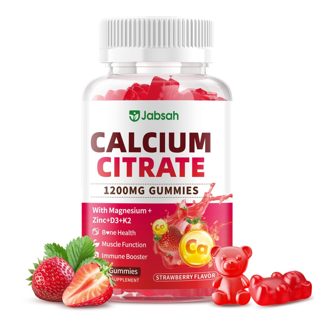 Calcium Citrate Gummies 1200mg, High Absorption Calcium Supplements with Vitamin D3, K2, Magnesium, Zinc for Bone, Muscle & Immune Support, Calcium Gummies for Women & Men, Strawberry Flavor 60 Count