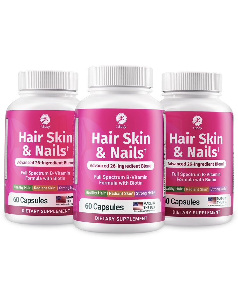 1 Body Hair Skin Nails Vitamin Complex with Biotin - Complete Formula with 26 Essential Vitamins for Men & Women - 3 Pack