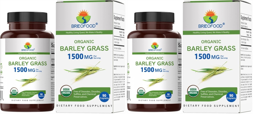Brieofood Organic Barley Grass 1500mg, 45 Servings, Vegetarian, Gluten Free, 90 Vegetarian Tablets (Pack of 2)