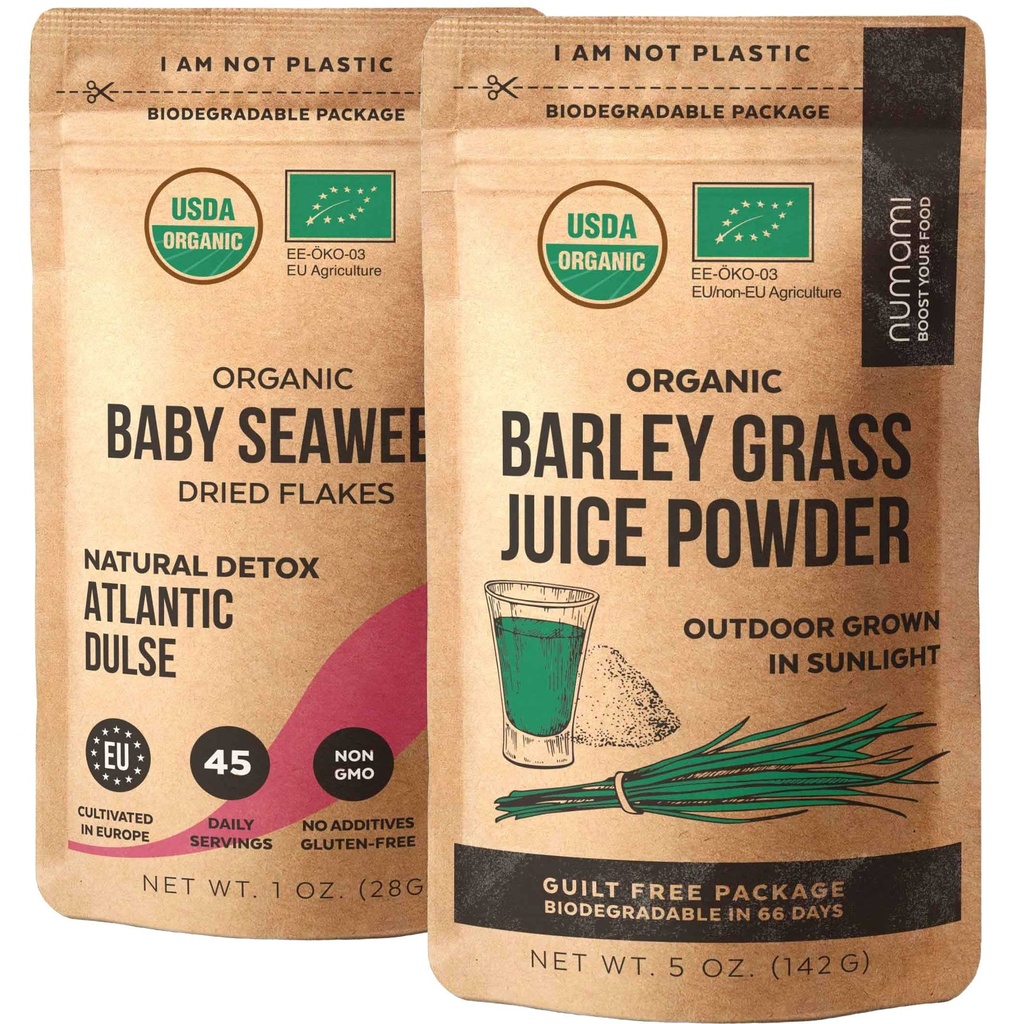 Barley Grass Juice Powder and Atlantic Dulse for Your Perfect Detox Smoothie, Premium Quality and Organic Certified