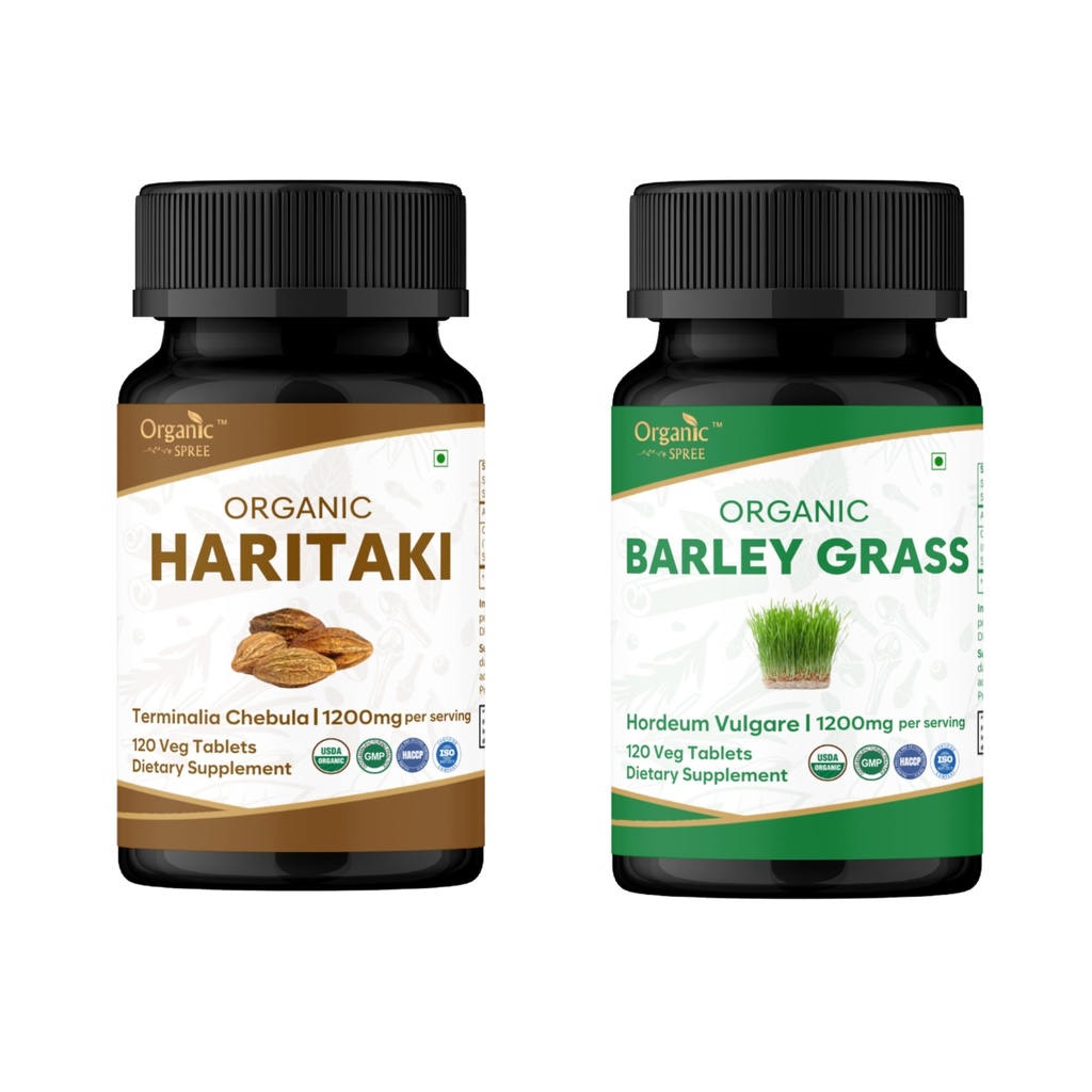 ORGANIC SPREE Haritaki & Barley Grass Supplement – USDA Organic Terminalia Chebula & Hordeum Vulgare 120 Tablets Each