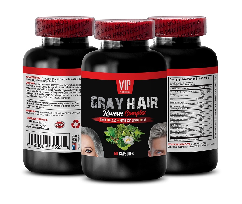 Gray hair reversal pills - GRAY HAIR REVERSE COMPLEX - Anti gray hair supplement, Barley Grass Juice Powder, Biotin, Horsetail Aerial Parts, L-Tyrosine, Hair growth vitamins 1 Bottle 60 Capsules