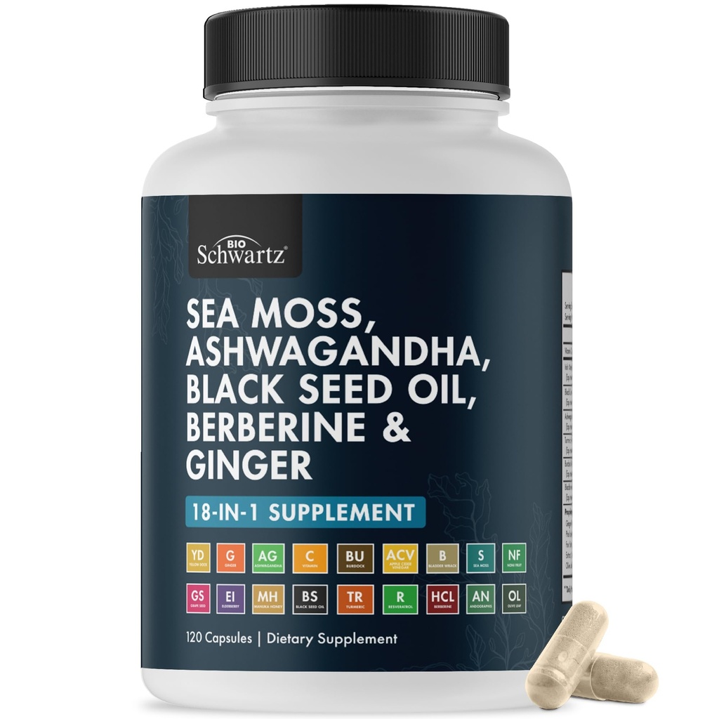 BioSchwartz Sea Moss Black Seed Oil Ashwagandha Ginger Supplement with Turmeric Berberine HCI Burdock Bladderwrack Resveratrol Elderberry Manuka Honey Apple Cider Vinegar ACV - 120 Sea Moss Capsules