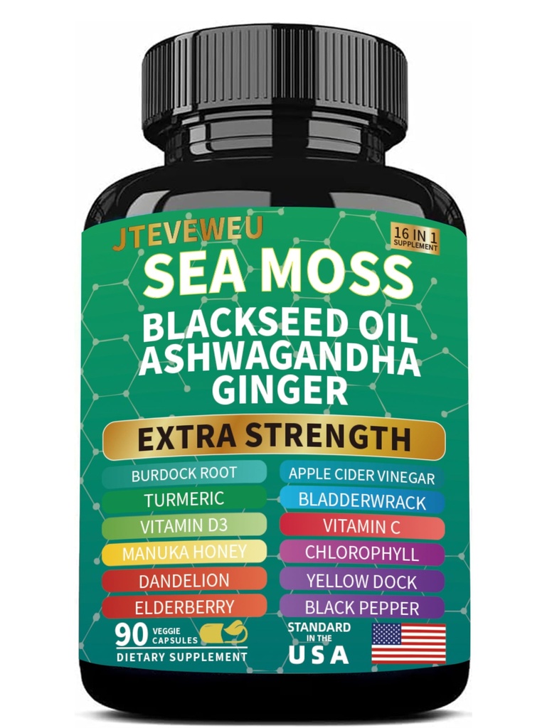 Sea Moss Black Seed Oil Ashwagandha Ginger, Organic Sea Moss Capsules with Burdock Root, Bladderwrack, Advanced Multimineral Supplement（90 Count）