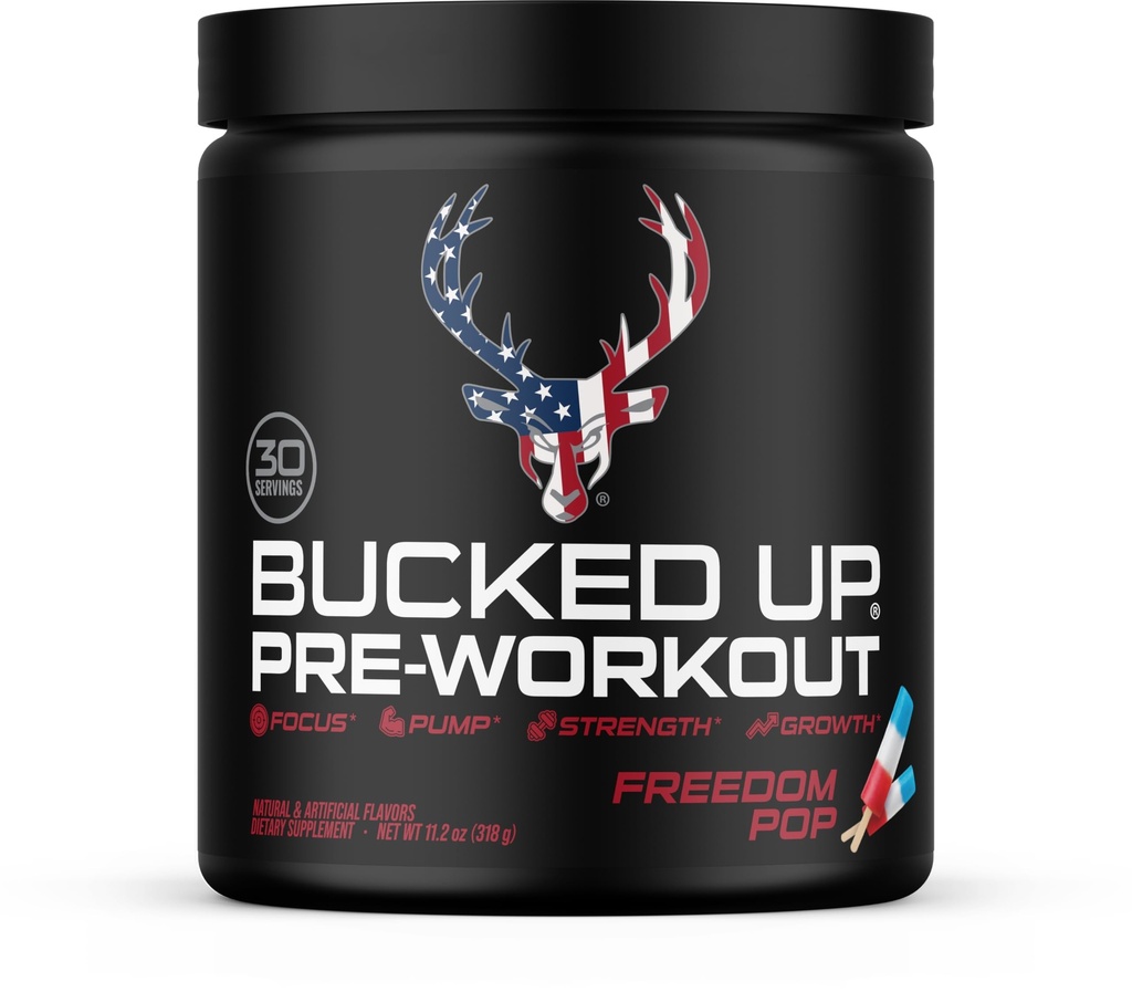 Bucked Up Pre Workout Freedom Pop | 200mg Caffeine with Citrulline Malate Beta Alanine AlphaSize and Taurine | Pre Workout Powder (30 Servings)