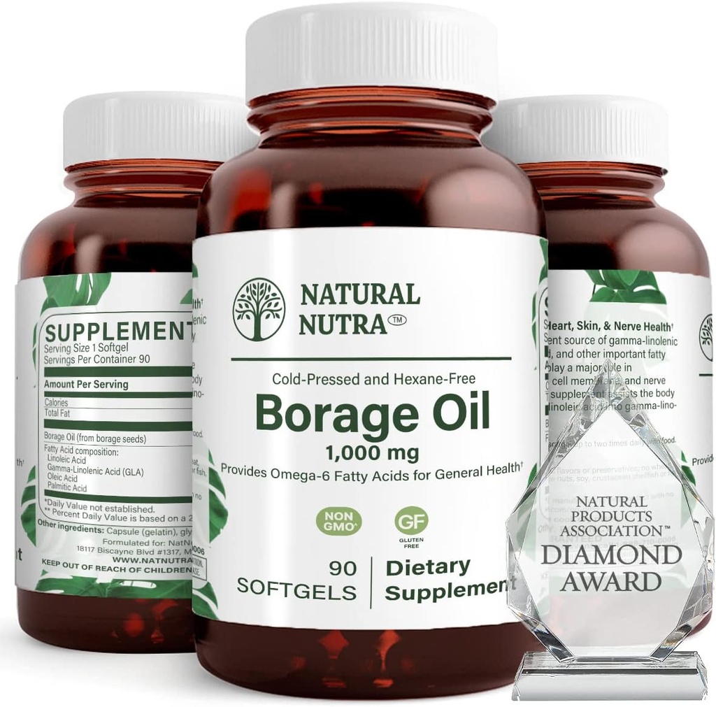 Natural Borage Oil Supplement - Rik i Gamma-linolenic Acid (GLA), En Potent Omega-6 Essential Fatty Acid känd för att stödja hud, nerv och gemensam hälsa 90 Softgels.