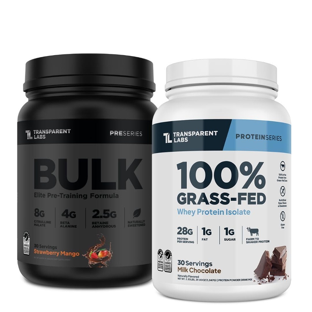 Transparent Labs Bulk Black Pre-Workout (30 Servings, Strawberry Mango) & Grass-Fed Whey Protein Isolate (30 Servings, Milk Chocolate)