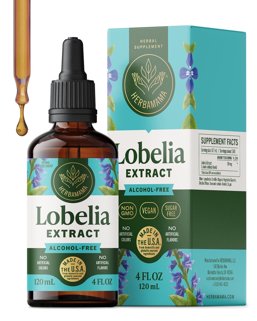 HERBAMAMA Lobelia Tincture - Vegan Lobelia Leaf Extract for Lung Cleanse & Detox - Respiratory Lung Support Drops - Non-GMO, Alcohol & Sugar-Free Respiratory Support Supplement