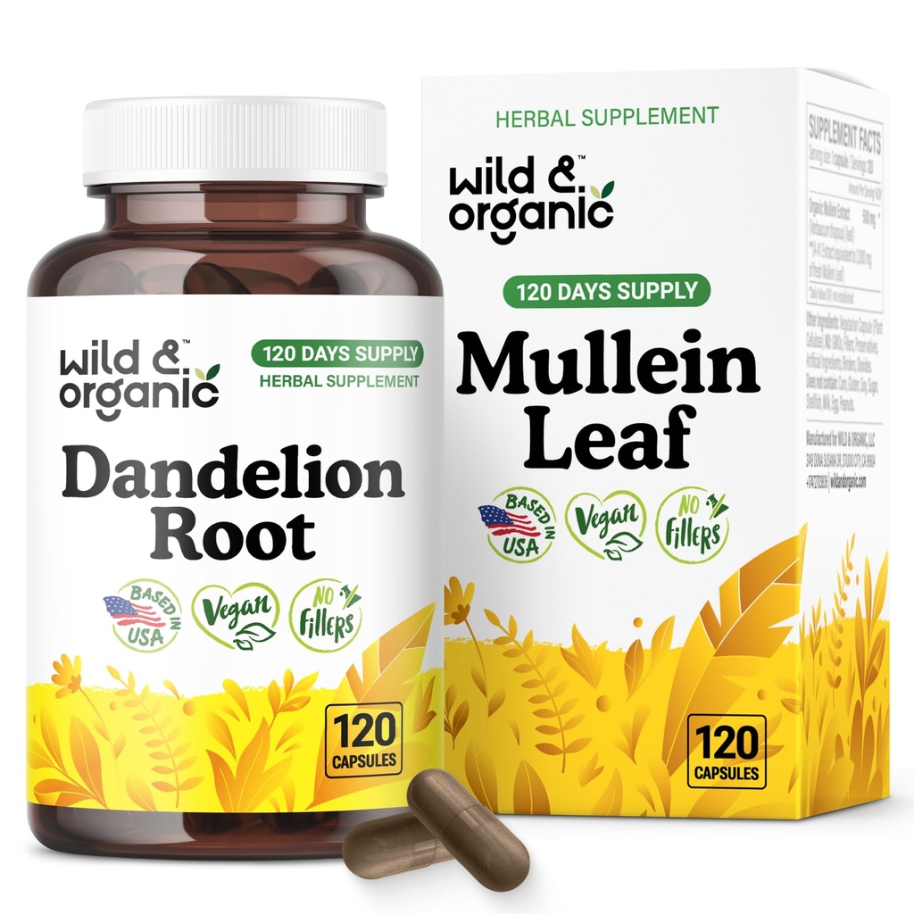 Wild & Organic Mullein Capsules - 4:1 Mullein Leaf Extract for Lungs - 120 Vegan Capsules - Herbal Lung Support Supplement - 4-Month Supply - No Fillers, Non-GMO, Gluten-Free