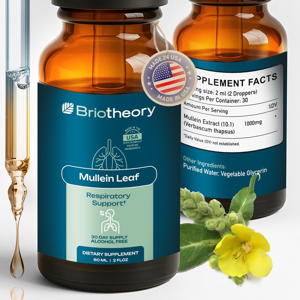 Mullein Leaf Extract - Fast Absorbing Liquid Drops for Lungs, Natural Respiratory Support Herbal Supplement, Alcohol Free Vegan Non-GMO, Natural Mullein Leaf Extract - 60 ml