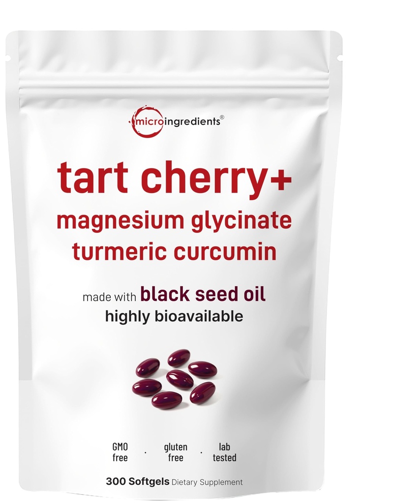 Tart Cherry+ with Magnesium Glycinate & 95% Turmeric Curcumin, 300 Softgels | Highly Bioavailable with Black Seed Oil Carrier | Extra Strength Tart Cherry Extract | Natural Herbal & Mineral Complex