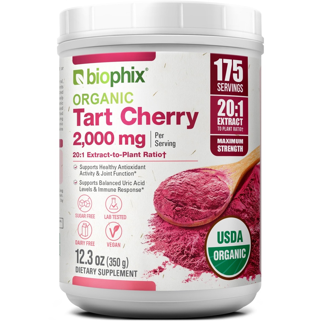 biophix Tart Cherry Powder Organic USDA 20:1 Extract 12.3 oz 350 g - Antioxidant-Rich Superfood - Supports Heart Health - Digestive Health - Natural Flavor - No Sugar Added