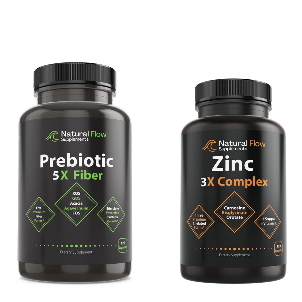 Zinc Supplement Complex with Copper and Vitamin C, Prebiotic Fiber Supplement 5-in-1 Capsules