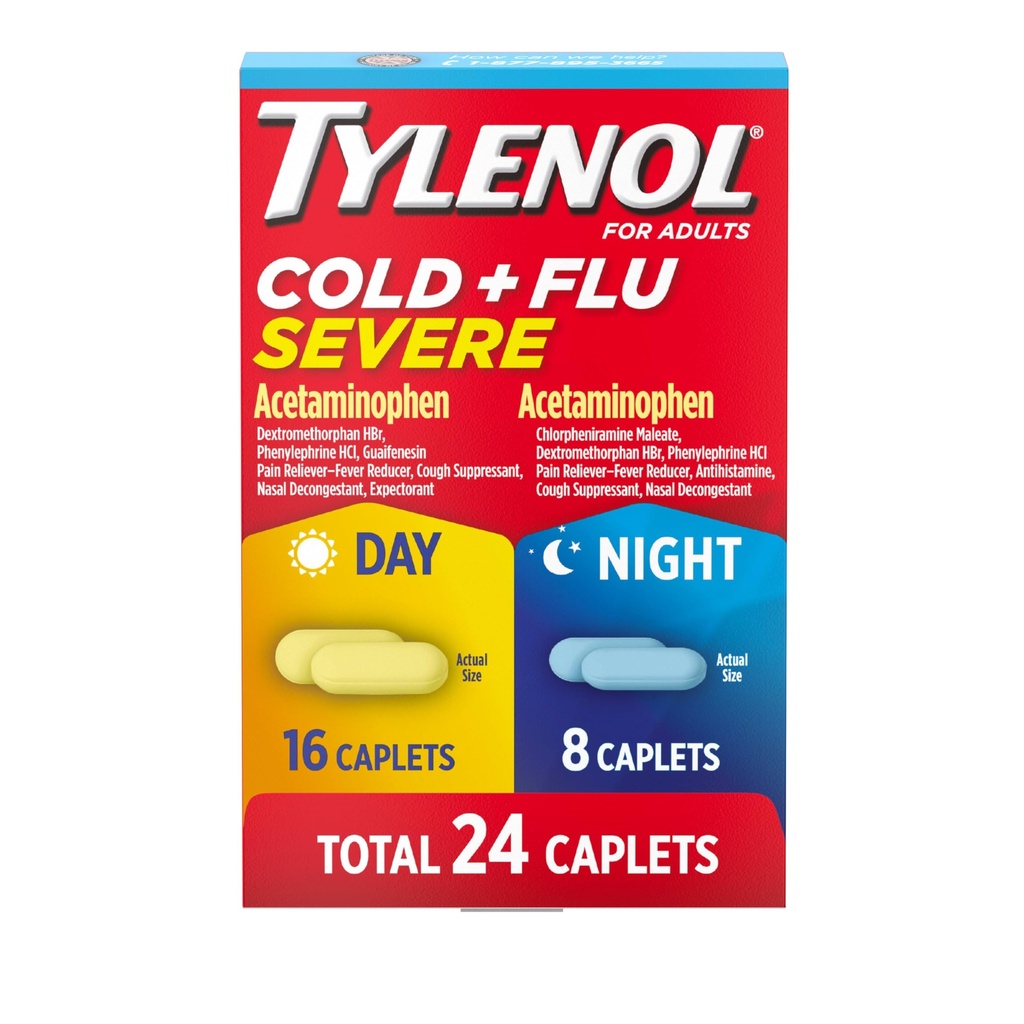 Tylenol Cold + Flu Severe Day & Night Caplets Combo Pack for Multi-Symptom Cold & Flu Symptom Relief, Cough, Sore Throat, and Headache Relief, Acetaminophen Pain Reliever, 24 ct
