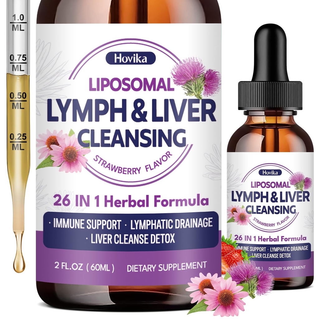 Liposomal Lymphatic Drainage Drops, 26 in 1 Liver Cleanse Detox & Repair with Milk Thistle, Echinacea, Glutathione, Vitamins, Lymph-Liver Cleanse, Gut & Metabolic Health - Strawberry Flavor, 2 Fl Oz