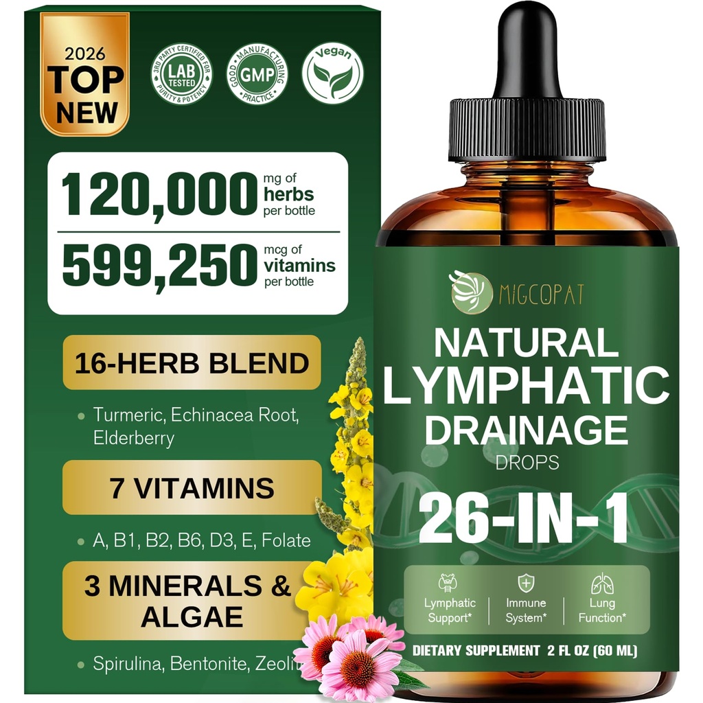 Migcopat 26-in-1 Liposomal Lymphatic Drainage Drops, Echinacea, Turmeric, Elderberry, Dandelion, Vitamins and Mullein Drops for Lungs, Lymphatic, Immune Support, Liver Cleanse Detox & Repair, 2 fl oz