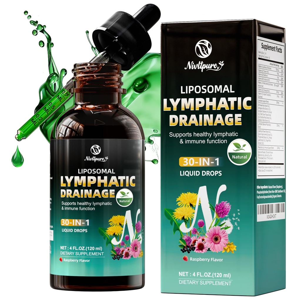 Liposomal Lymphatic Drainage Drops, 4 fl oz – 30-in-1 Lymphatic Drainage Supplements with 23 Herbs & 7 Vitamins – Supports Lymphatic System, Immune & Liver Health – Detox Support – 60-Day Supply